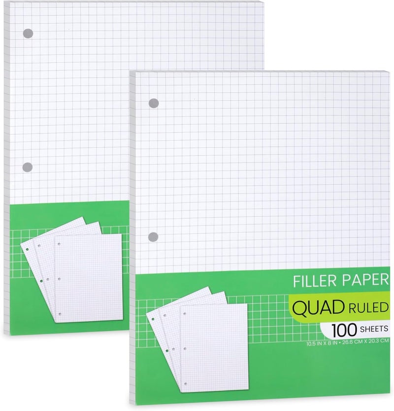 Manaloom Graph Paper, Filler Paper Loose leaf Graph Paper - 8” x 10.5" - Graph Ruled, 4x4 Quad Ruled Notebook Paper, 3 Hole Punched Loose leaf Papers for 3 Ring Binders - 100 Sheets per Pack (2 Pack) - Image 1